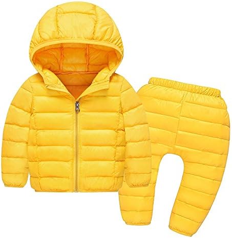 Kids Winter Warm Lightweight Hooded Down Jacket Snowsuit with Ski Pants Outfits (1-2T, Yellow)