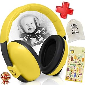 Noise Cancelling Baby Ear Protection Baby Earmuffs ~ Protect Infants and Kids Hearing with Safe Sound Proof Ear Muffs ~ Comfort Fit + Bonus Travel Bag and Stickers by Roms Baby (Yellow)