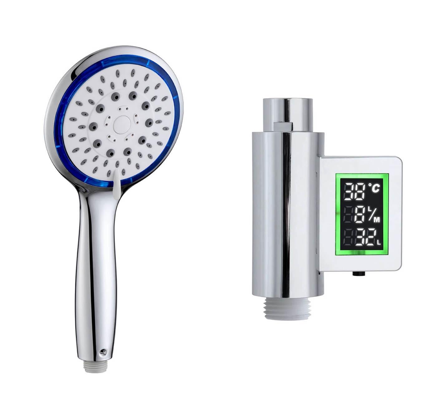 Shower Head with Self Powered Flow Meter, Water and Energy Saving Design (Five Function, Blue)
