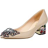YDN Women's Pointed Toe Bow Pumps Colorful Rhinestone Block Low Heel Butterfly Slip On Fashion Party Dance Shoes Size 4-15 US