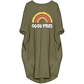 Women's Dress Good Vibes Rainbow Print Casual Long Sleeve Round Neck with Pockets Loose Tops