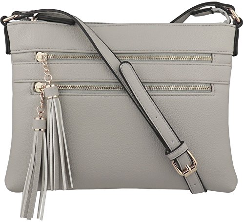 B BRENTANO Vegan Multi-Zipper Crossbody Handbag Purse with Tassel Accents (Grey)