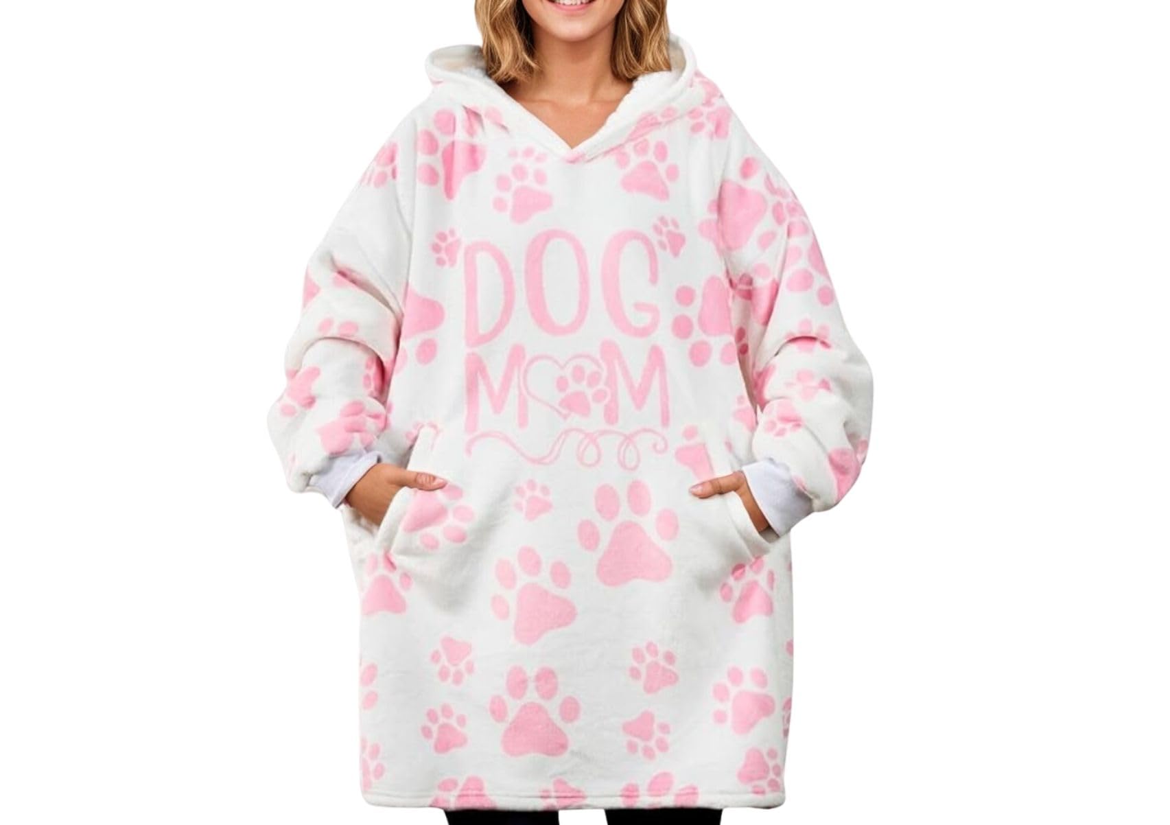 Dog Mum Gifts for Women, Wearable Blanket Hoodie for Adults, Oversized Flannel Hooded Blanket Big Sweatshirt, One Size 170x122 CM, Pink