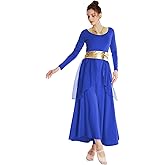 MYRISAM Women Praise Dance Robe Liturgical Worship Metallic Waistband Long Sleeve Dress Chiffon Skirt Lyrical Costume