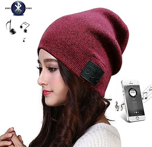 Langder Bluetooth 4.0 Slouch Winter Beanie Cap Headphone Handsfree 100% Cotton Soft Sport Hat Wireless Headset Warm Knitted Washable Red&amp;Black