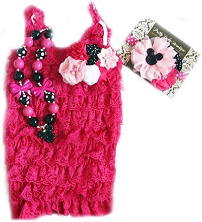 Baby Girl Lace Romper Set Baby Birthday Minnie Outfit Cake Smash Photo Prop (18months-3T, Hot Pink and Black Minnie)
