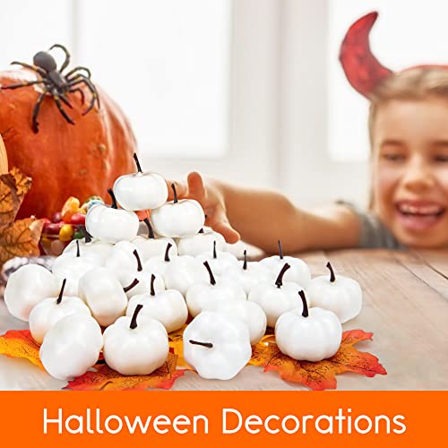HAKACC Artificial Pumpkins, 48 PCS White Fake Pumpkins Lifelike Faux Pumpkins Mini Pumpkins with Maple Leaves for DIY Crafts Halloween Thanksgiving Fillers