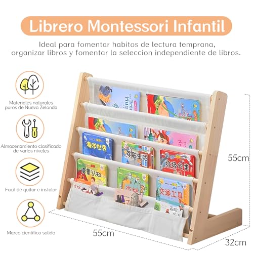 CACSZSOI Librero Montessori Infantil, Estantería de Almacenamiento para Libros de Niños con Múltiples Bolsillos, Muebles Montessori para Niños