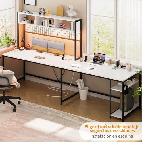 Escritorio en L,Escritorio Gamer con Regleta y Tira LED,Reversible con Estante Escritorios L,Escritorios Gamer en L con Espacio de Almacenamiento.(Blanco)