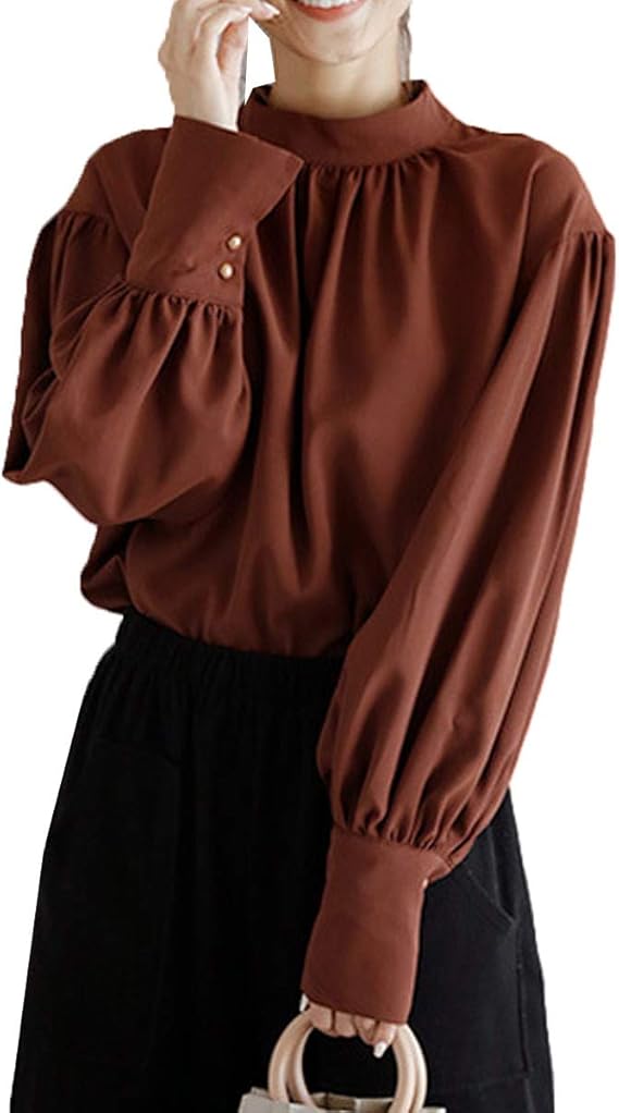 Amazon Jinpin シャツ レディース ブラウス トップス 立ち襟 Tシャツ シフォン 長袖 普段着 カットソー レトロ パフスリーブ オフィス カジュアル 着痩せ 無地 通勤ol フォーマル シンプル 体型カバー ゆったり おしゃれ ブラウン F シャツ ブラウス 通販