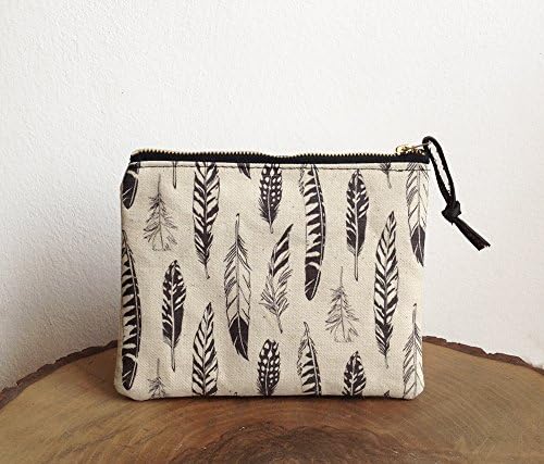 Feather print Pouch, Canvas pouch, Cosmetic bag, zipper pouch, Clutch, Black and White, Boho, Carry all pouch, Organic cotton