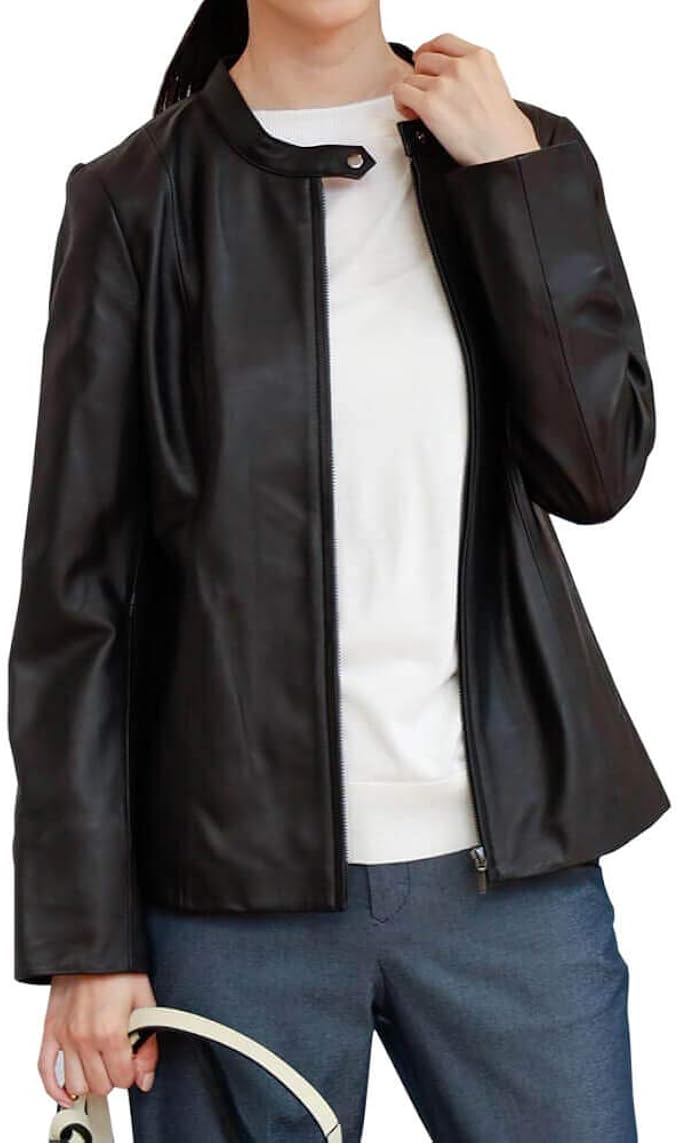 ラムレザーシングルライダースジャケット ブラック L レザー ジャケット レディース アウター 本革 ノーカラー ラム 羊革 リアルレザー ラムレザー ミセス ファッション コート ジャケット 通販 Amazon