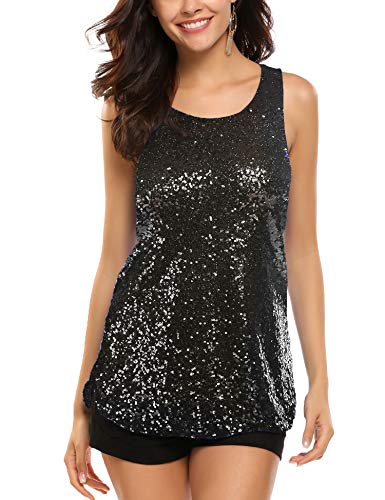 Zeagoo Women's Sleeveless Sparkle Shimmer Camisole Vest Glitter Sequin Tank Tops,Black,Large