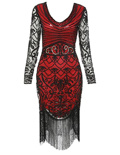Women's Flapper Dress 1920s Sequins Art Deco Great Gatsby Cocktail Dresses (Red Long Sleeve, S)