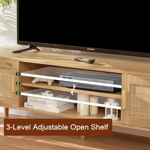 FIONESO Rattan TV Stand for 60 Inch TV, TV Bench, Entertainment Center TV Console with 2 Cabinets & Shelf, Media Console,TV Cabinet for Living Room, Natural+Rattan