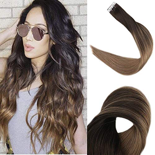 Full Shine 22" Tape in Hair Extensions Remy Human Hair Balayage Ombre Hair Extensions Color #2 Fading to #8 Dip Dyed Ombre Hair Extensions 50g 20 Pcs Per Package