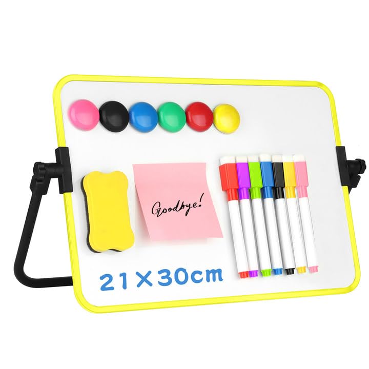 Portable Dry Erase Whiteboard,30×21 cm Double Sided White Board Small Whiteboard with Stand,Magnetic A4 with Dry Erase Pens,Magnets and Eraser for Desk Office Kitchen(Yellow)