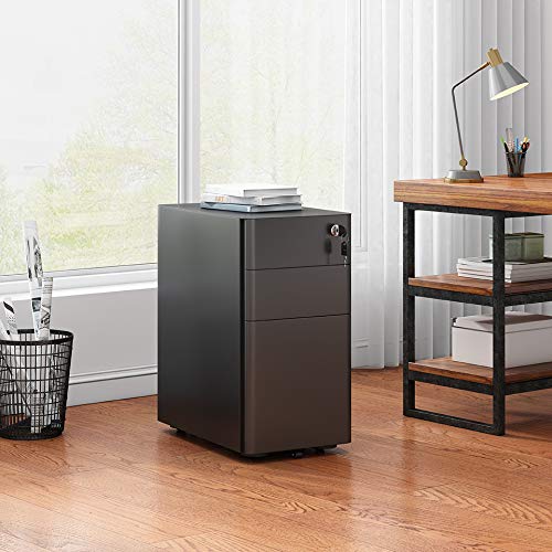 AMISEN 3Drawer Mobile File Office Drawers with Lock, Slim