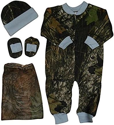 JLCK Mossy Oak Camo w/ Blue Trim Infant/Baby Gift Set: Creeper, Hat &amp; Booties (NEWBORN / 6-8 LBS)