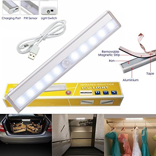 USB Rechargeable Undercounter LED Cabinet Light Sensor Motivated 10LED for Home Furniture Decoration Closet,Drawer,Bed (Pure White)