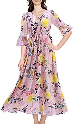 Arisol Women's Button Up Split Floral Print Flowy Maxi Bohemian Party Dresses (Yellow+Pink,X-Large)
