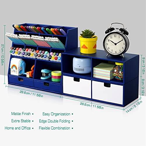 Desk Organizer and Accessories with 4 Drawers & 16 Compartments Twice Capacity - Art Supply Organizer for Home, School, Office Supplies, FSC Certified Cardboard, DIY Project, Easy Assembly, Blue