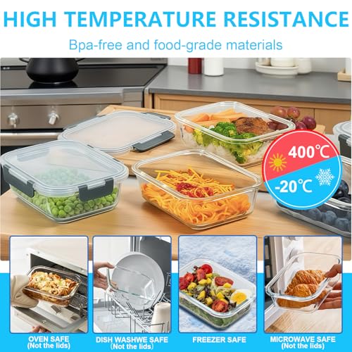 KUMD 16-Piece Borosilicate Glass Food Storage Containers, BPA-Free Airtight Locking Lids, Leak-Proof Meal Prep & Lunch Containers, 400°C Oven/Microwave/Freezer/Dishwasher Safe, Kid-Friendly