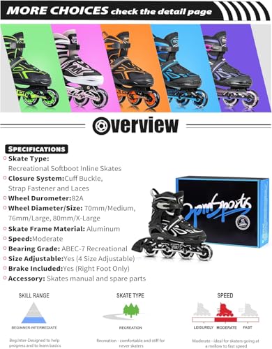 2PM Sports Adjustable Inline Skates for Girls and Boys Women Men, Sizes 30-33, 34-37, 38-41 and 42-44