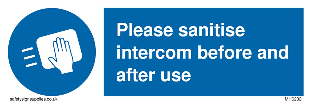 Pack of five - Please sanitise intercom before and after use Sign - 150x50mm - L15