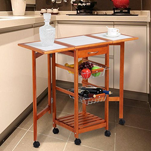Buy Yaheetech Wooden Folding Dining Trolley Portable Rolling Kitchen