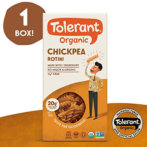 Tolerant Organic Gluten Free Chickpea Rotini Pasta, One 8 Ounce Box, Plant Based Protein, Vegan Pasta, Single Ingredient Protein Pasta, Whole Food, Clean Pasta, Low Glycemic Index Pasta