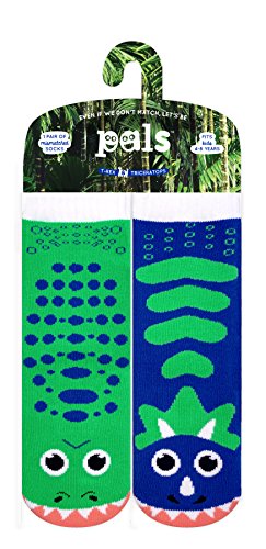 T-Rex & Triceratops Dinosaur Pals Mismatched Silly Dino Socks for Kids Boys Girls with Nonskid No Slip Grippers (Age 4-8) - Thumbnail 4