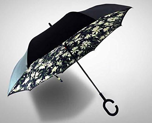 LONNOG Double Layer Inverted Umbrella ,C-shaped Hands Free Handle,Self Standing Inside Out Rain Protection Umbrella (lily)