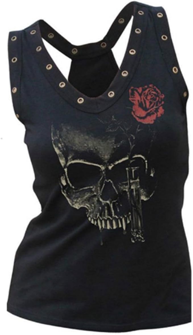 hibote Mujeres Tank Tops Skull Prints Casual Mangas O-Cuello Tank Tees Punk Vest