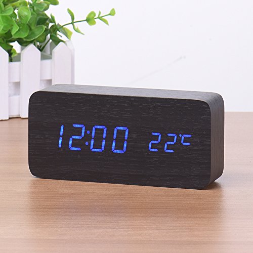 KABB Digital Clock, Wooden Alarm Clock, LED Desk Shelf Clock with Triple Alarms Calender Temperature Display and Voice Control Travel Clock for Office Home Decor (6 Inches)