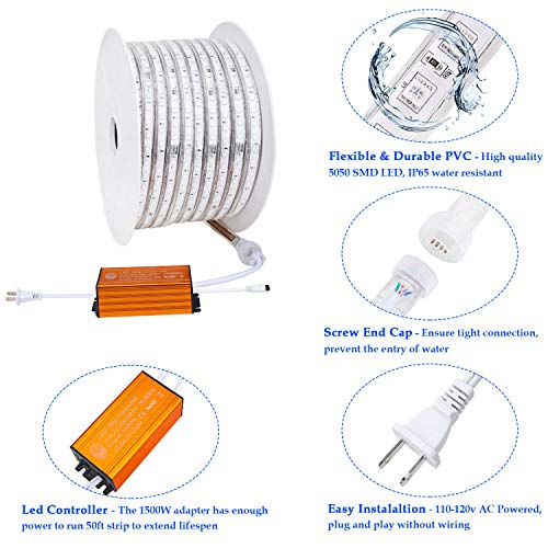 Brillihood Flexible LED RGB Rope Light Strip, Multi Color Changing SMD 5050 LEDs, 110-120V AC, Dimmable, Waterproof, Indoor/Outdoor Rope Lighting + Remote Controller - (50m/164ft)