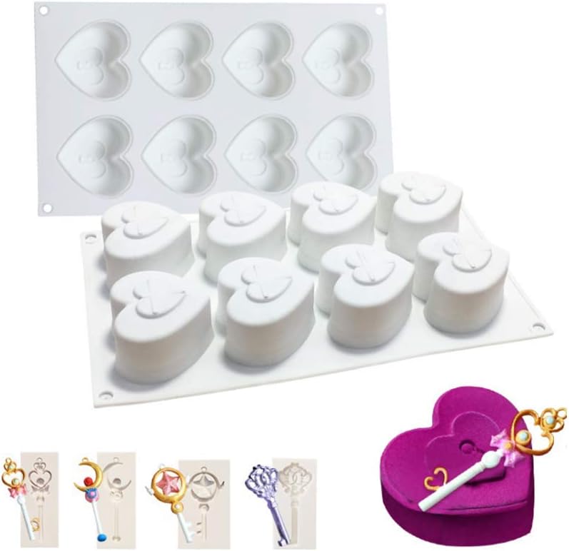 Fyuan Silicone Moulds 3D Mousse DIY Mold for Cake Decoration Jelly Pudding Candy Chocolate, 8 Holes Heart with 4 Keys, White, Set of 5