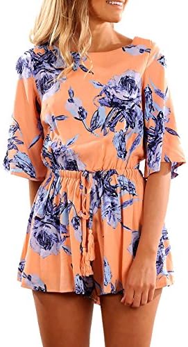 JUST SKY Womens Casual Mini Floral Playsuits Backless Playsuits Mid Sleeve Printed Rompers