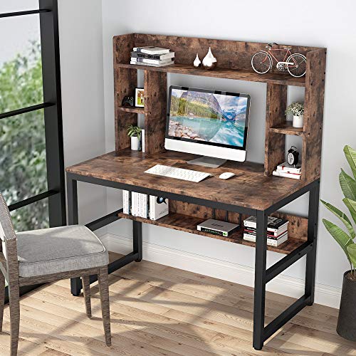 Tribesigns Computer Desk with Hutch, Modern Writing Desk with Storage Shelves, Office Desk Study Table Gaming Desk Workstation for Home Office, Light Brown + Black Legs