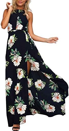CHUIZI Women's Sexy Halter Neck Floral Print Backless Split Beach Maxi Dress