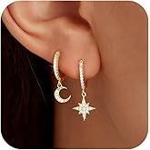 LOVECOM 925 Sterling Silver Moon and Star Drop Dangle Asymmetrical Earrings for Women Dainty 14k Gold Plated Crescent Hoop Huggie Mismatched Earring with Cubic Zirconia Celestial Jewelry Gifts