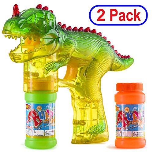 Prextex 2-Pack Dinosaur Bubble Gun Shooter Light Up Bubbles Blower with LED Flashing Lights and Sounds Dinosaur Toys for Kids, Toys Boys and Girls