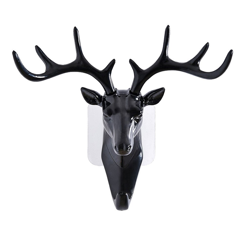 Ouniman Deer Head Seamless Adhesive Hook,Stylish Wall Door Decor Hanging Sticky Hook Hanger Kitchen Bathroom Holder for Clothes Coat Caps Keys Bag Belts Umbrella Purses Robes Towel (Black(1pcs))