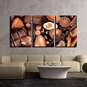 3 Piece Canvas Wall Art - Chocolates Background. Praline Chocolate Sweets - Modern Home Art Stretched and Framed Ready to Hang - 16"x24"x3 Panels