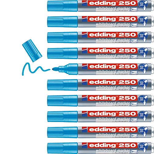 edding 250 whiteboard marker - light blue - 10 whiteboard pens - round tip 1.5-3 mm - whiteboard pen dry wipe - for whiteboards, flipcharts, pinboards, magnetic, memo boards - sketchnotes
