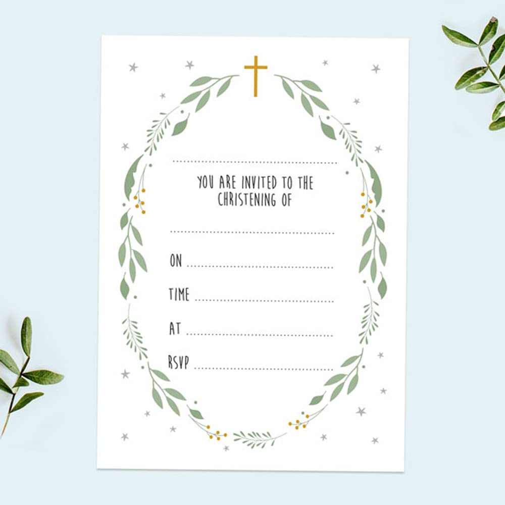 Christening Invitations - Boys Foliage Wreath - Pack of 10. Floral, Stars, Dainty, Beautiful, Delicate, Non-Personalised, Celebration. Envelopes Included. (3209)