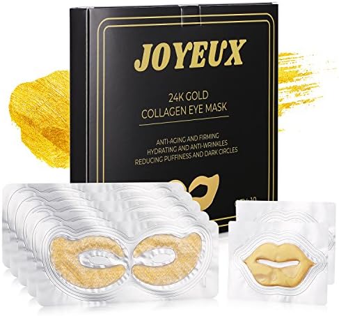 24K Gold Collagen Eye Treatment Masks, 10 Pieces Rejuvenating and Firming Eye Pads for Dark Circles, Puffiness, Wrinkles and Fine Lines, with Exclusive Collagen Lip Masks for Plumping Lips As Bonus