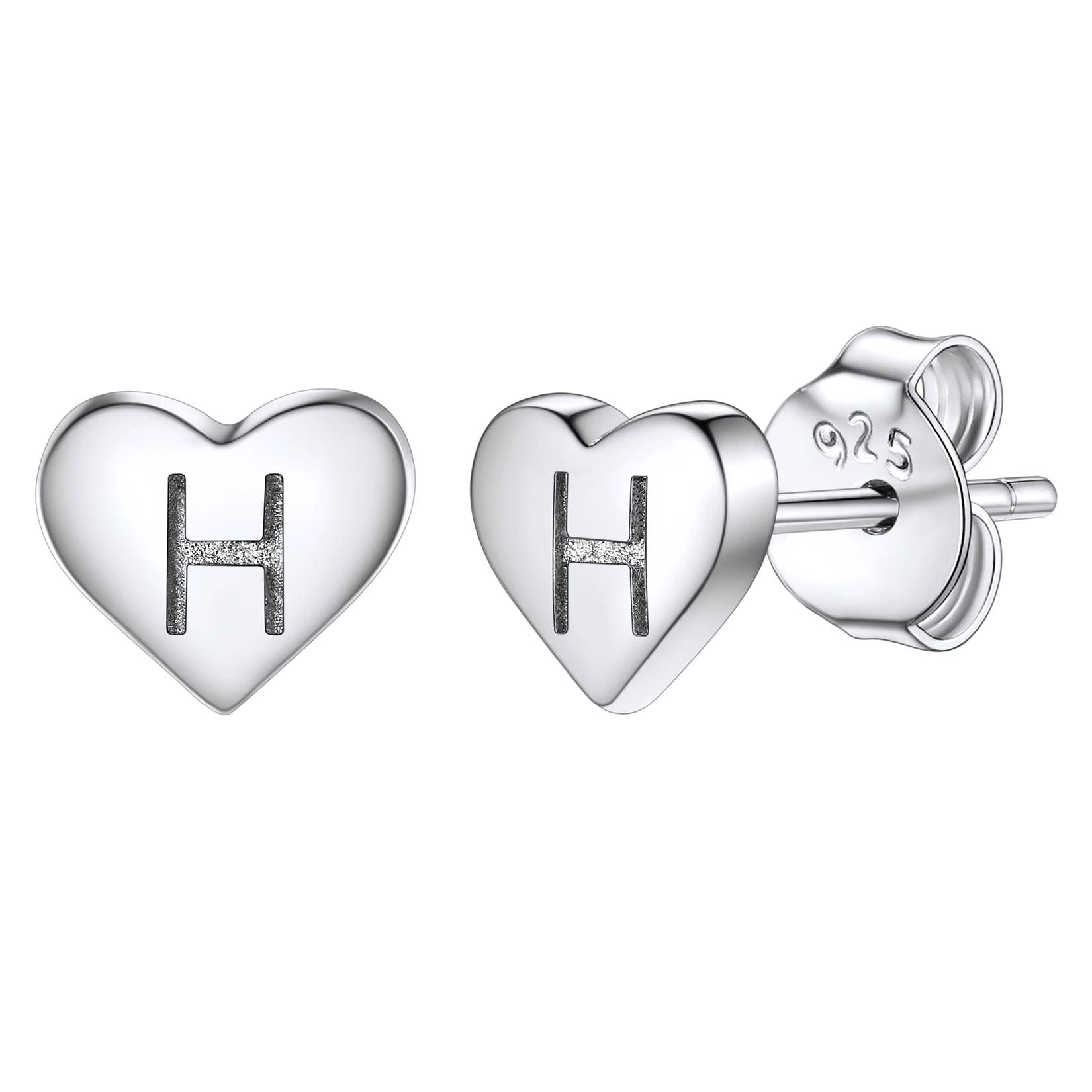 Studs Earrings for Women, S925 Sterling Silver Heart Initial Letter H Small Tiny Earrings for Girls Ladies Mum Daughter Sisters Friends Lover Hypoallergenic Silver Jewellery with Gift Box