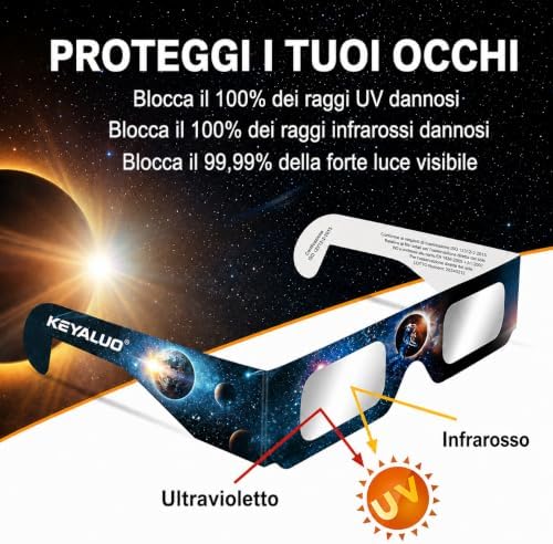 Occhiali eclissi solare,approvati 2026, confezione da 12 occhiali per eclissi solare per visione diretta del sole, certificati ISO 12312-2:2015 (E) e CE