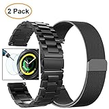Valkit Gear Sport Band, Stainless Steel Watch Bands, Milanese Loop Mesh Replacement Bracelet Metal Strap, Tempered Glass Screen Protector for Samsung Gear Sport/S2 Classic Smart Watch, 2 Black - 20 mm